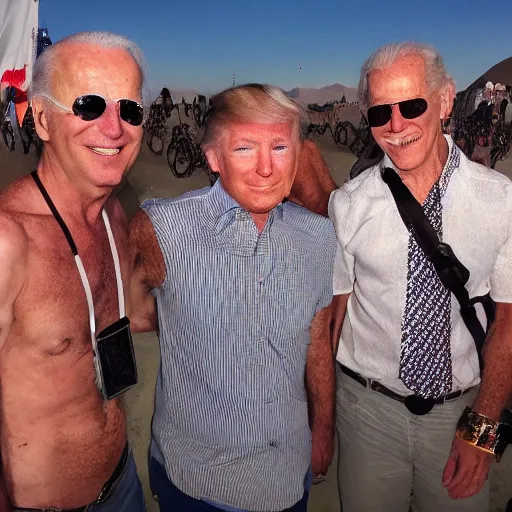 Image similar to photo of evil Joe Biden attending burning man with ecofeminist Donald Trump and a catboy Nick Land, photorealism, extremely detailed, soft lightning, playa, HD