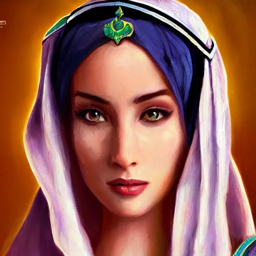 Image similar to a portrait of an arabian princess in a disney movie, oil painting, pale colors, high detail, 8 k, wide angle, trending on artstation,