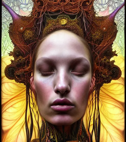 Prompt: detailed realistic beautiful young groovypunk queen of andromedaa galaxy in full regal attire. face portrait. art nouveau, symbolist, visionary, baroque, giant fractal details. horizontal symmetry by zdzisław beksinski, iris van herpen, raymond swanland and alphonse mucha. highly detailed, hyper - real, beautiful