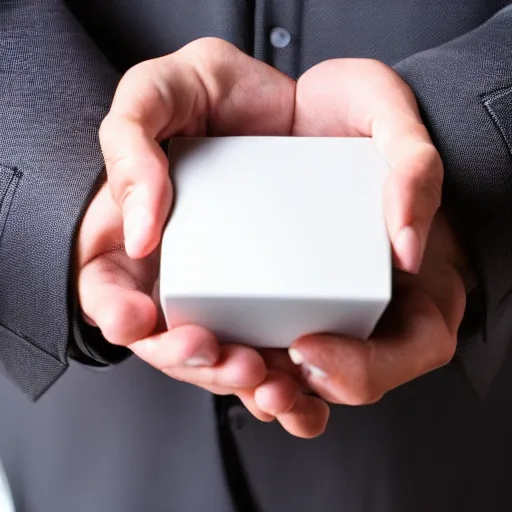 Image similar to a man holding out a small black box that contains his consciousness