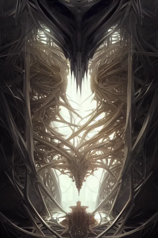 Image similar to professional concept art symmetrical portrait of a horrendous mechanical predatory fractal! species in a dark room by artgerm and greg rutkowski. an intricate, elegant, highly detailed digital painting, concept art, smooth, sharp focus, illustration, in the style of cam sykes.