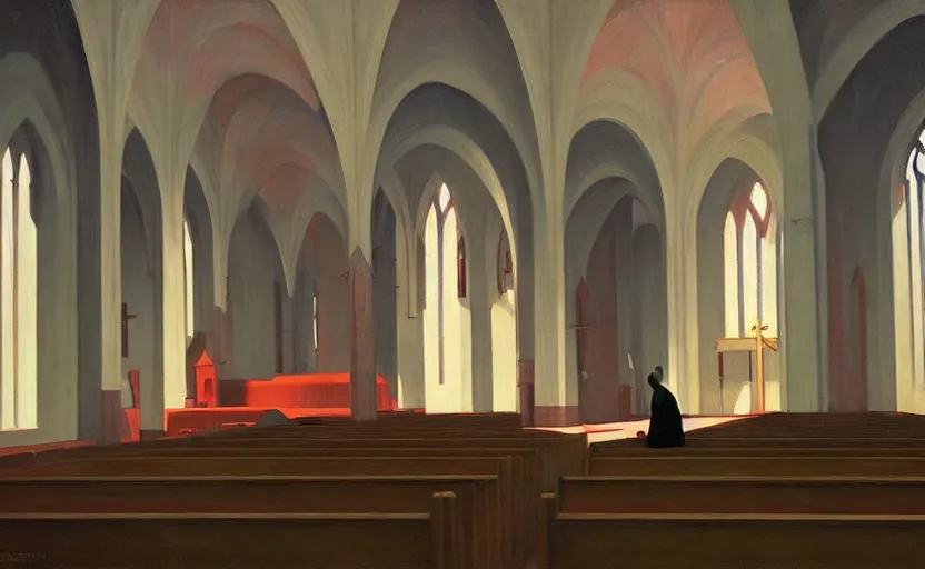 Image similar to inside a church with womens praying wearin black dress, very coherent, painted by Edward Hopper, Wayne Barlowe, painted by James Gilleard, airbrush, art by JamesJean
