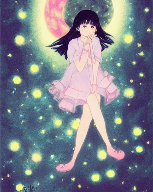 Image similar to a cute pastel night, Yukiko Sato is asleep, moon, starry, fireflies, her gorgeous luxurious black hair is lifted up as if underwater, blending into the night sky Milky Way, zero gravity hair, rule of thirds