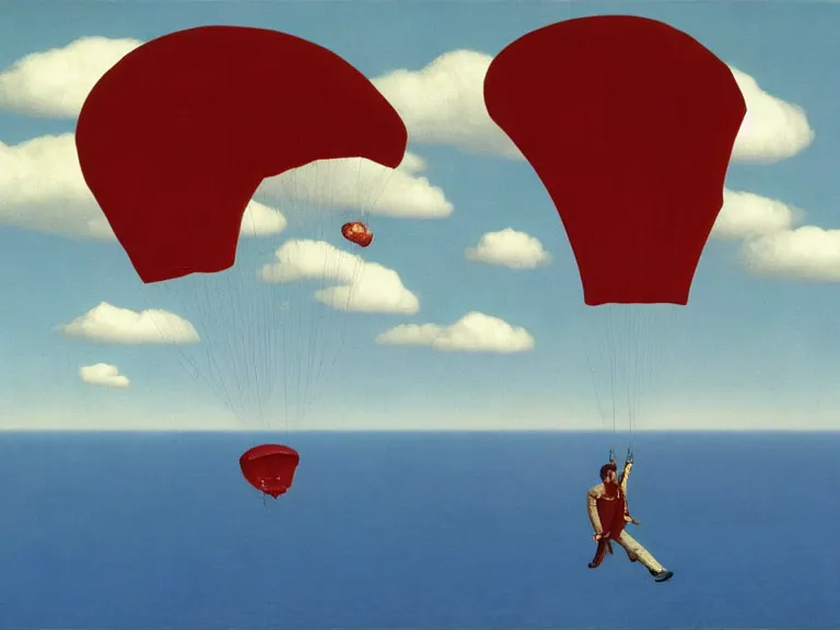 Prompt: Tom Cruise parachuting on a small island in the middle of a big lake painting by rene magritte, high detail, high resolution