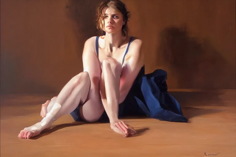 Image similar to an extremely high quality hd, a woman sitting on the floor in front of a painting, a hyperrealistic painting by robert lenkiewicz, trending on artstation, figurative art, oil on canvas, art, fine art, 8 k, ultra realistic, very realistic