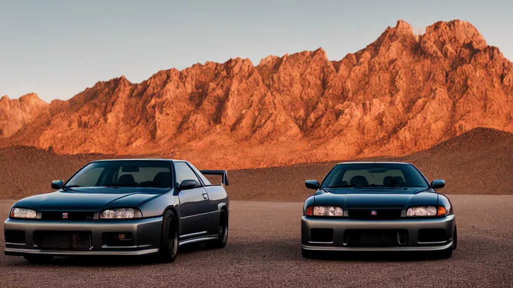 Image similar to three quarter front photo of a stock dark grey nissan r 3 2 skyline gtr on a road in a desert with a mountain in the background in the early morning, car photography, depth of field, zoom lens, blue hour, photorealistic