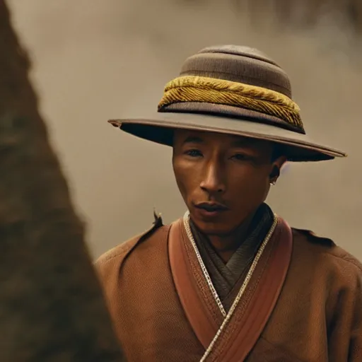 Image similar to cinematic film still Pharrell Williams starring as a Samurai holding fire, Japanese CGI, VFX, 2003, 40mm lens, shallow depth of field,film photography