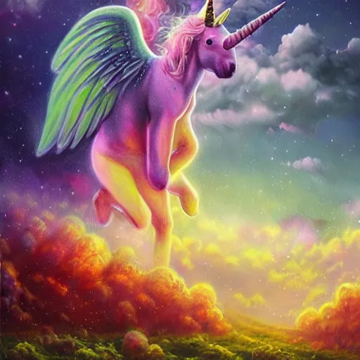 Prompt: an unicorn with wings eating in a field of marijuana, a nebula is in the sky, oil painting, fantasy art, concept art, highly detailed, photorealistic, high quality, 8 k, masterpiece