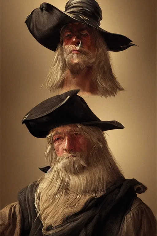 Image similar to portrait, headshot, digital art, 3d, of an old rich 17th century sailor, in tricorn hat, realistic, hyperdetailed, chiaroscuro, concept art, art by Franz Hals