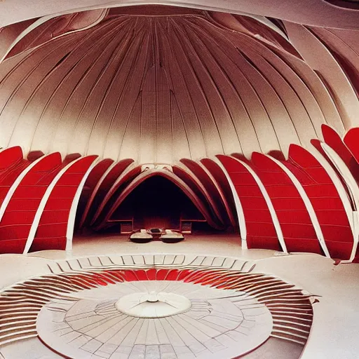 Image similar to interior of a futuristic lotus temple space station with gold, red and white marble panels, by buckminster fuller and syd mead, intricate contemporary architecture, photo journalism, photography, cinematic, national geographic photoshoot