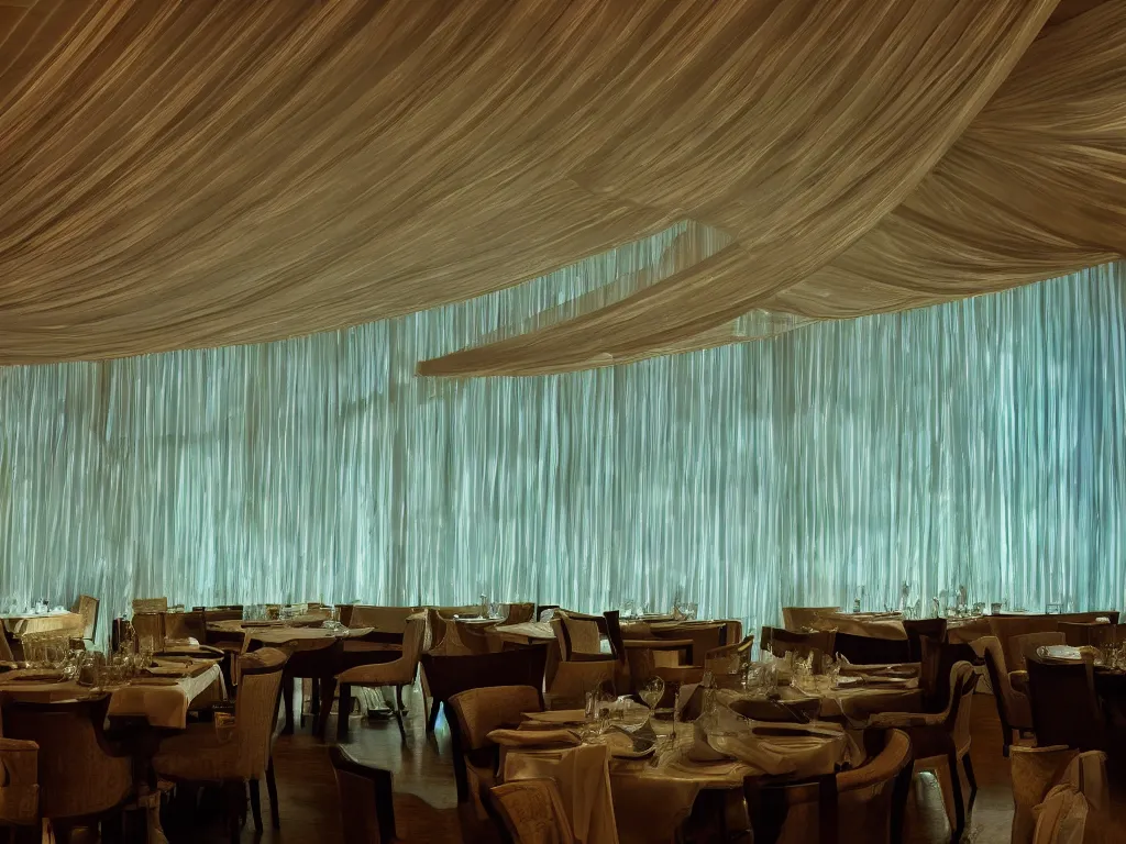 Prompt: drapes with curved translucent drapes projecting detailed sea life, pixel perfect photograph, high contrast, volumetric lighting, thin glowing lights, restaurant, chairs, users, pair of keys