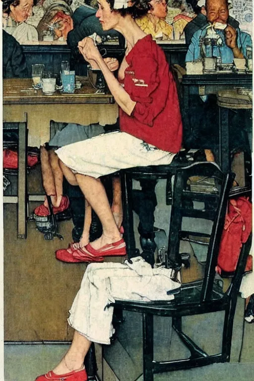Prompt: a lazy!! woman! in her 3 0 s in a cafe!!! sitting on a bench!! by norman rockwell!!!