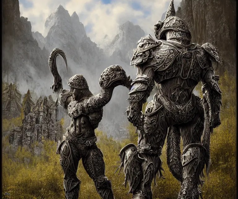 Prompt: trailcam footage grotesque horrific stylistic vray 3 d render of silver ornate armor slim bodybuilder handsome warriors, mountains and giant gothic abbeys, hyperrealism, fine detail, 8 k, artsation contest winner, cgsociety, fantasy art, cryengine, brush strokes, oil canvas by mandy jurgens and michael whelan