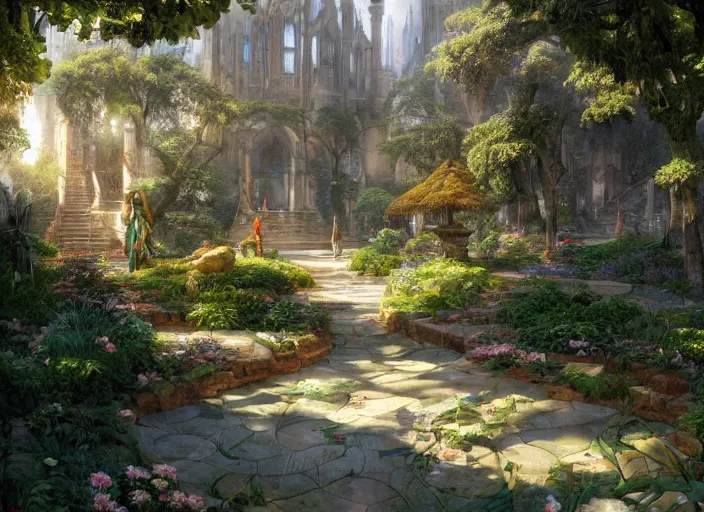 Prompt: a wide open courtyard in a beautiful elven city made of ivory and silver, vivid colors, lush trees, flowers, ponds, fountain, subsurface scattering, volumetric lighting, low angle shot, concept art, fantasy digital painting by James Gurney, by Greg Rutkowski, trending on Artstation, highly detailed