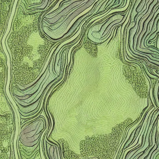 Image similar to a view of a forest on a topographical map painted in the style of michael menzel
