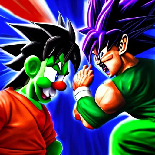 Image similar to a deadly cage match between goku and luigi, realistic, 4 k, photo real, trending on artstation