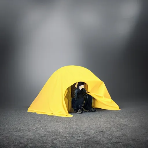 Image similar to photo studio with foggy background. yellow tent on floor. fisherman in balenciaga cloth, plastic bag and black mask. photorealistic high resolution, redshift render, 8 k