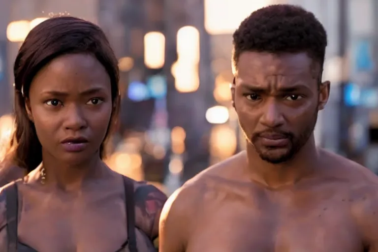 Image similar to movie powerful mutant heroes interracial couple closeup, DC Marvel fashion, VFX powers at night in the city, city street, beautiful skin, natural lighting by Emmanuel Lubezki