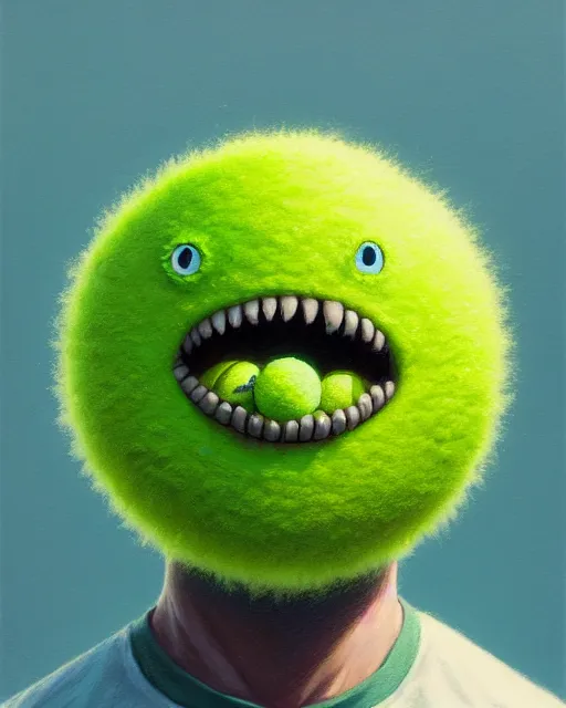 Image similar to highly detailed vfx portrait of a character of a tennis ball monster stephen bliss, chalk, unrealengine, greg rutkowski, loish, rhads, beeple, chalk, makoto shinkai and lois van baarle, ilya kuvshinov, rossdraws, tom bagshaw, basil gogos