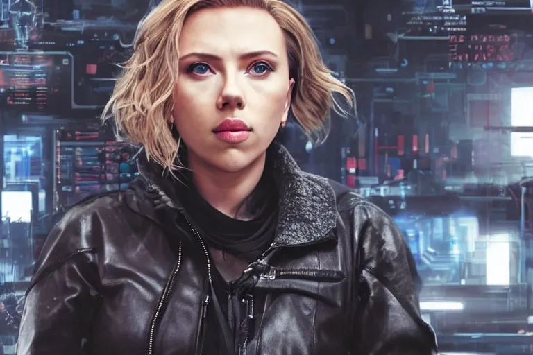 Image similar to Scarlett Johansson deploying code to production working on laptop high-resolution digital art cyberpunk