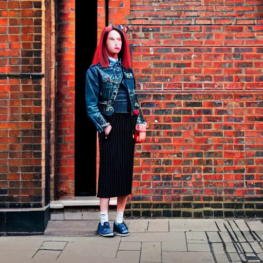 Image similar to un ultra high definition editorial photographic portrait of a female designer standing outside her trendy red brick london home wearing all eclectic clothes. wide angle. three point light. golden hour, golden ratio, ray tracing, volumetric light and shadow, shallow depth of field.