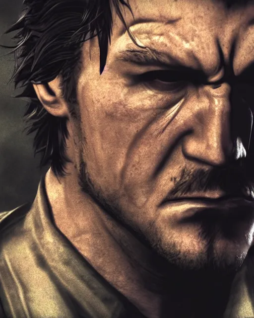 Prompt: solid snake portrait, cinematic lighting, anguished depressed facial expression, black atmospheric background, 4 k photography hdr