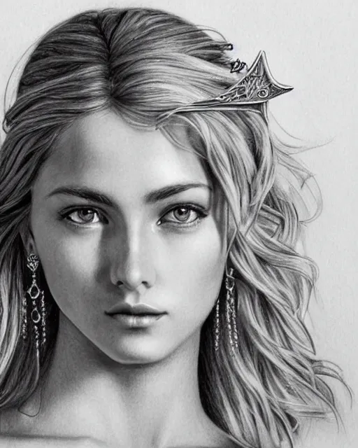 Image similar to pencil drawing of a beautiful greek goddess aphrodite with arrowhead earrings, beautiful piercing eyes, beautiful blonde hair, hyper realistic face, in the style of greg rutkowski, fantasy, amazing detail, epic, elegant, smooth, sharp focus, from the front