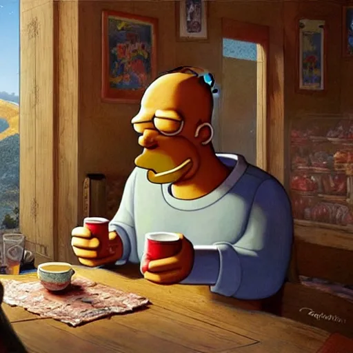 Image similar to Homer Simpson drinking tea in a Kurdish tea house, intricate, elegant, highly detailed, digital painting, artstation, concept art, matte, sharp focus, illustration, art by Artgerm and Greg Rutkowski and Enki Bilal