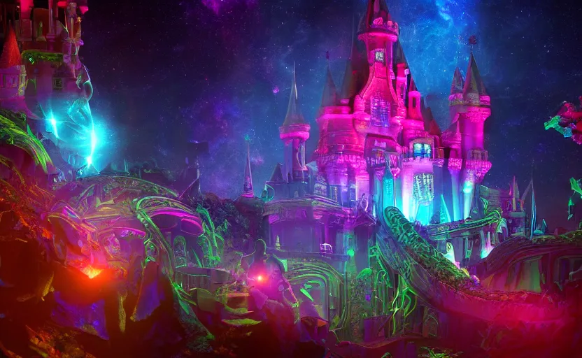 Image similar to enchanted castle, pro - vida, cosmic integration, cosmic color scheme, macro up view, neon, glow, darkness, dramatic, sharp focus, octane render, imax