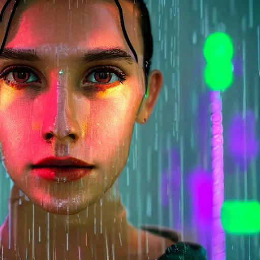 Image similar to a human portrait made out of rain, neon, beautiful, rendered in octane, unreal engine, cinematic