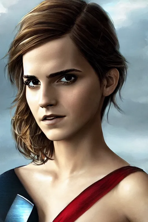 Image similar to a fancy close up of Man of Steel cast as Emma Watson by Greg Rutkowski, full body shot