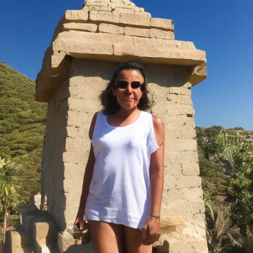 Prompt: a beautiful cute 35 year old latina stands on top of a mystic temple