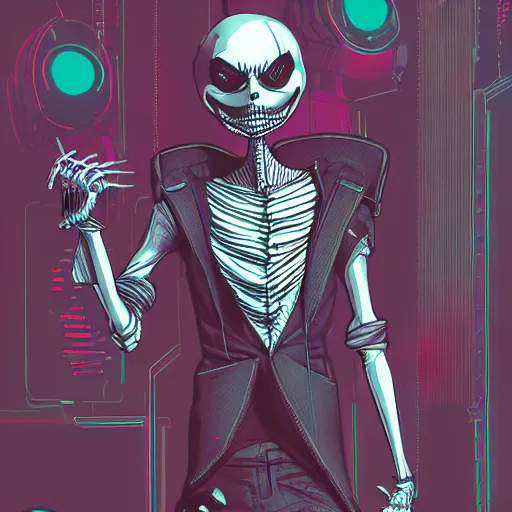 Image similar to cyberpunk jack skellington as the leader of a futuristic communist nation, cybernetics, sharp lines, digital, artstation, colored in