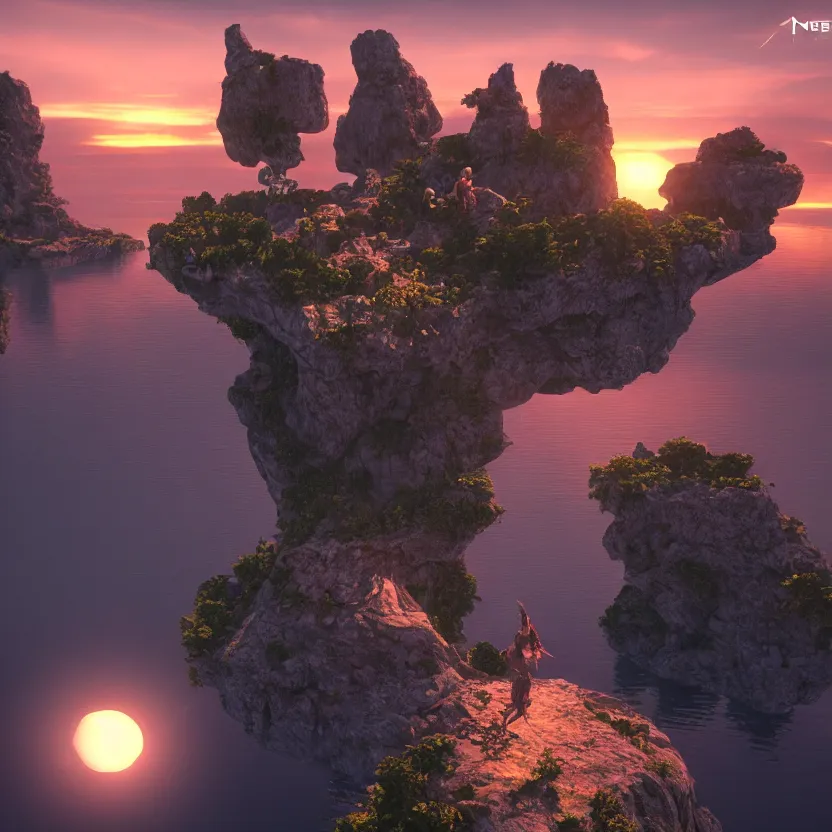 Image similar to unreal engine render, floating islands with beautiful women on them, cinematic, sunset, fantasy, 8 k, trending on artstation