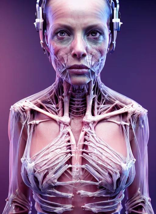 Prompt: 3 / 4 portrait, queen emma with transparent skin, visible muscle and bones and veins and nerves, hyperrealism, detailed textures, photorealistic 3 d cyberpunk apocalyptic city, futuristic clothing and helmet, ultra realistic, cinematic, intricate, cinematic light, unreal engine 8 k, octane render, unreal engine by david kostic and stanley lau and artgerm