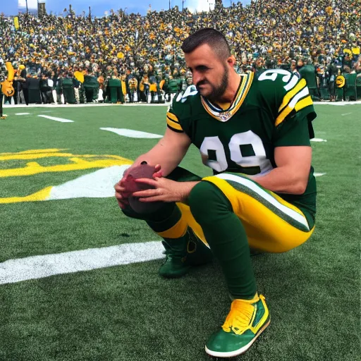 Prompt: Aaron Rogers drinking ayahuasca on the sidelines at Lambeau Field, highly detailed,