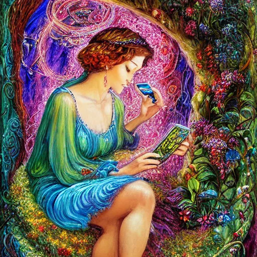 Image similar to a nature goddess checking her cell phone by josephine wall, high resolution