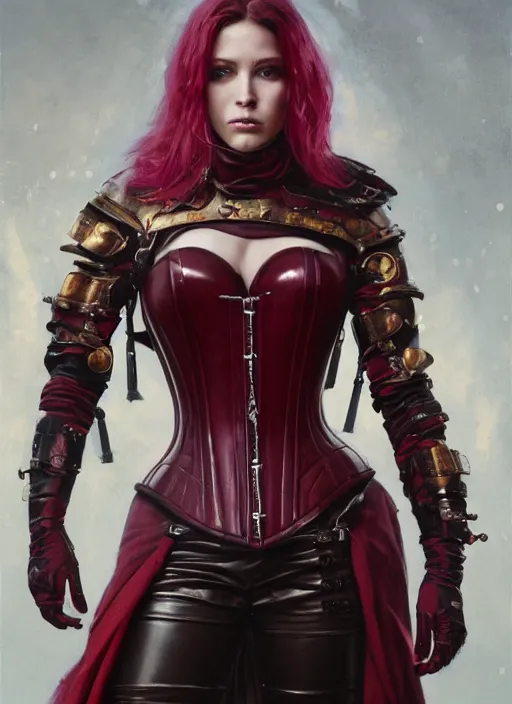 Prompt: portrait of powerful medieval swedish woman wearing maroon power armor with steel overbust corset. intricate painting by ross tran, magali villeneuve, and jeremy mann.