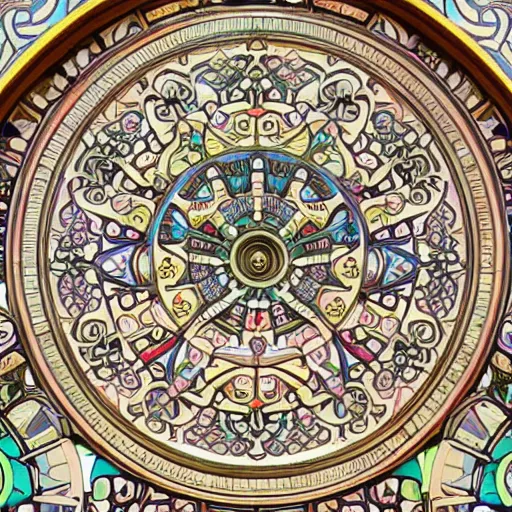 Prompt: huge 3 d plasterwork mural colourful detailed ornamental abstract art nouveau large circle mandala, full sized circle, art by alphonse mucha and walter crane and louis sullivan and william morris
