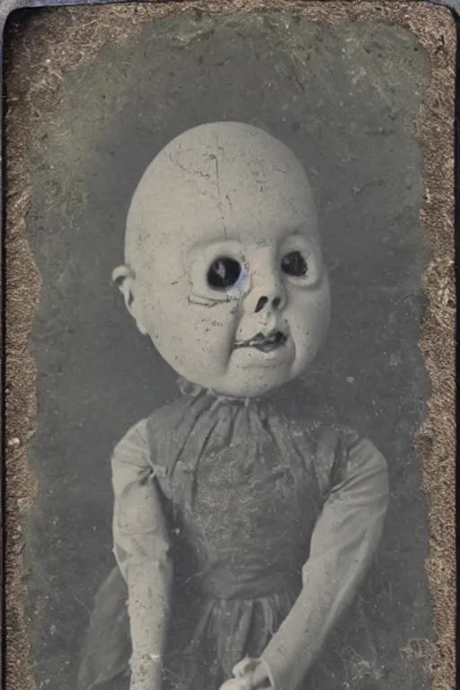 Prompt: dirty cracked crying vintage evil bald doll no mouth sitting in dirt basement cobwebs tintype photo