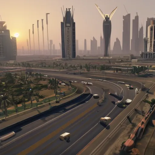 Image similar to promotional screenshot of grand theft auto videogame set in dubai