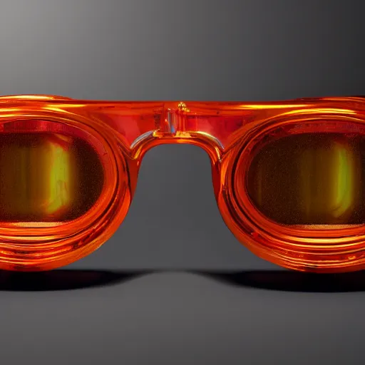 Prompt: award winning product photography, full shot, 3 5 mm lens, of a holographic orange metallic and blue metallic shiny ergonomic augmented reality glasses like hololens as off bertone mantide ( 2 0 0 9 ), holographic display lenses, studio lighting,