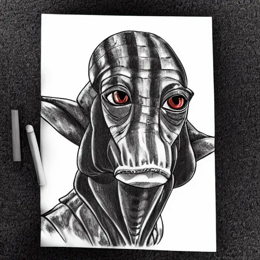 Prompt: full body black and white pencil sketch of a muscular Jar Jar Binks