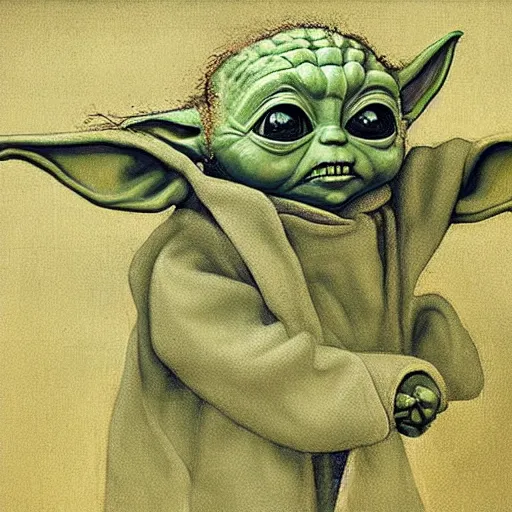 Image similar to baby Yoda Painting by Leonardo da Vinci 4k detailed super realistic