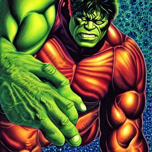 Image similar to the incredible hulk, painted by alex grey