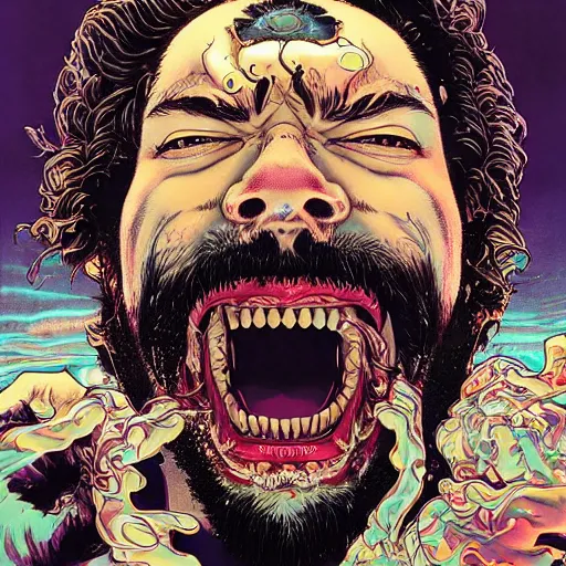 Image similar to portrait of crazy post malone melting, screaming, symmetrical, by yoichi hatakenaka, masamune shirow, josan gonzales and dan mumford, ayami kojima, takato yamamoto, barclay shaw, karol bak, yukito kishiro