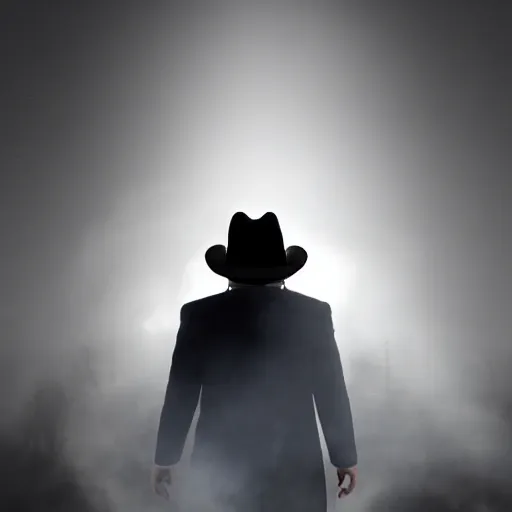 Image similar to white light from right, mysterious man in black suit and black hat, he has a pistol, smoke, fog, mysterious, 4 k, highly detailed, digital art, strong shadows, high contrast, epic scene, atmospheric, blue colours, old photograph