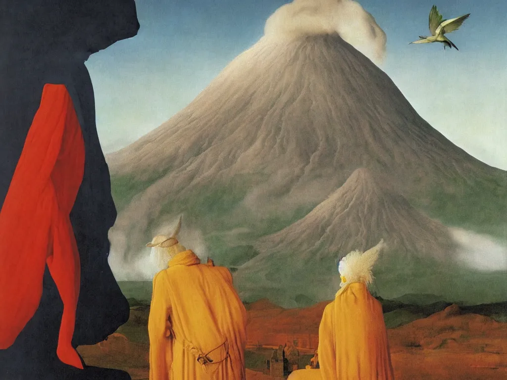 Image similar to albino mystic, with his back turned, with wild exotic Colibri looking at a erupting volcano in the distance. Painting by Jan van Eyck, Audubon, Rene Magritte, Agnes Pelton, Max Ernst, Walton Ford