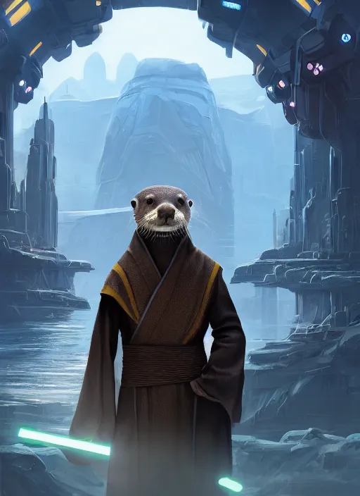 Prompt: portrait, anthropomorphic otter wearing Jedi robes in a futuristic river town. Dramatic lighting, cinematic, establishing shot, extremely high detail, photo realistic, post processed, artstation, matte painting, style by eddie mendoza, raphael lacoste, alex ross