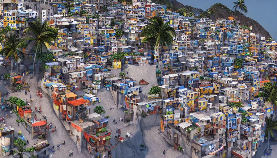 Image similar to favelas in rio, music dancing, locals, nightlife, hustlers and street - walkers, beach ocean fun octane render unreal 5, by piet mondrian